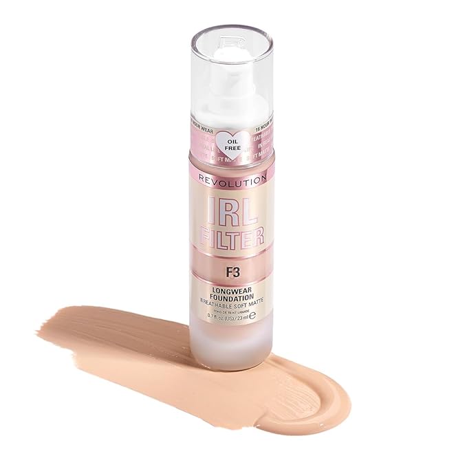 Revolution Beauty, IRL Filter Longwear Foundation, Soft & Breathable Formula, Medium to Full Coverage, Matte Finish, F3, 0.7 Fl. Oz
