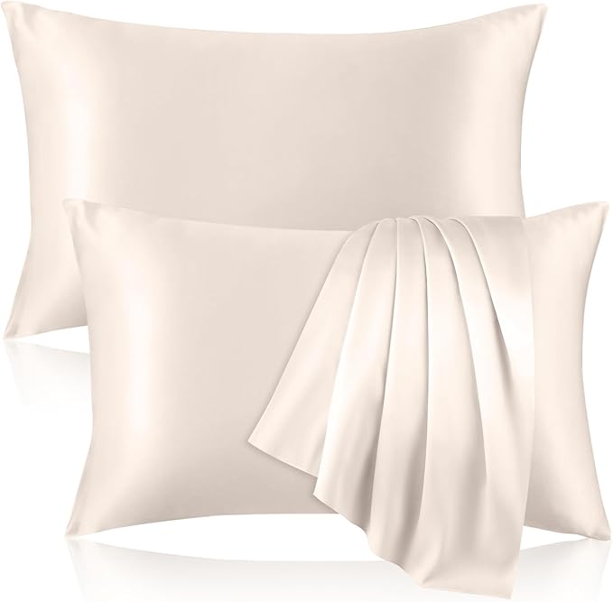 2 Pack 100% Pure Silk Pillowcase for Hair and Skin, Both Sides Mulberry Silk Pillowcases with Hidden Zipper, Cooling Pillowcase 19 Momme, 600 Thread Silk Pillow Cases Standard Size, Beige