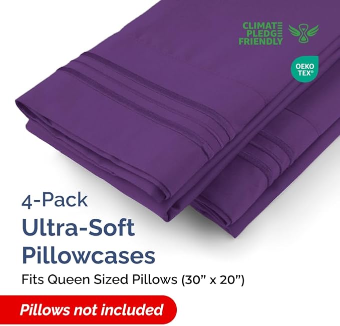Queen Pillow Cases Set of 4 - Ultra Soft Hotel Quality Pillowcase Covers - Comfy, Cozy & Wrinkle Free - Shrinkage, Stain and Fade Resistant - Machine Washable Pillow Protectors - 4 Piece Set - Purple
