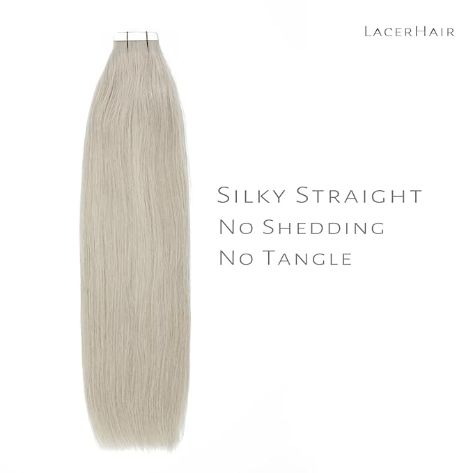 Lacer Tape in Hair Extensions Silky Straight 14 Inch Silver Grey Adhesive Tape in Hair Extensions 100 Percent Remy Human Hair Soft Glue in Brazilian Hair Extensions 20 Pcs 50 Grams