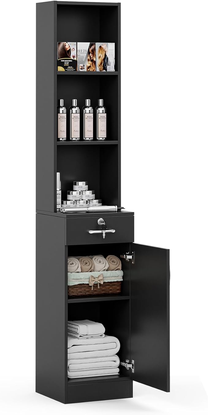Wall Mount Salon Stations for Hair Stylist, Hair Salon Storage Cabinet, Beauty Barber Station with Lockable Drawer, Shelves, Storage Cabinet, Black