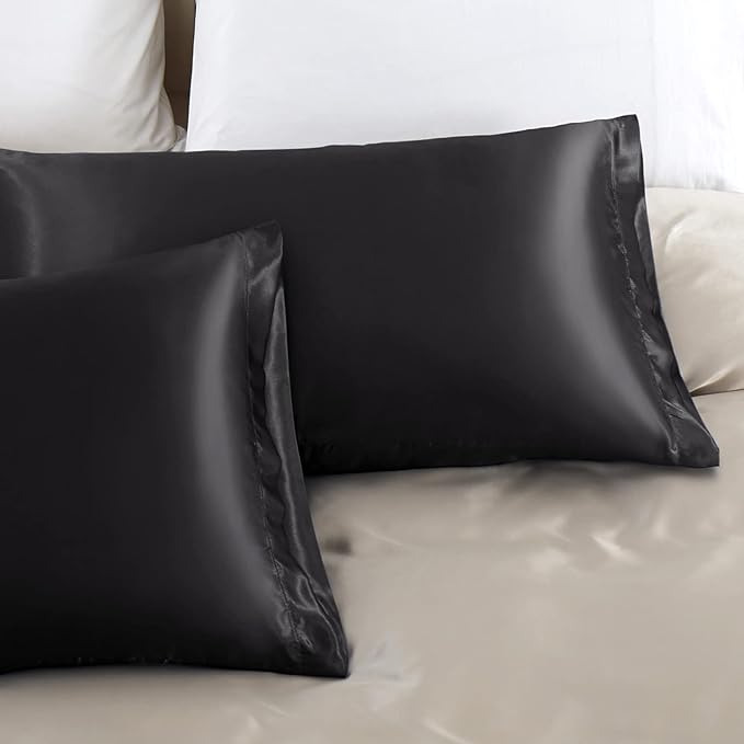 Aormenzy Satin Pillow Cases for Women Queen Size Set of 2, Black Satin Pillowcase for Hair with Envelope Closure Silky Pillow Covers Wrinkle, Fade Resistant (20x30 Inches)