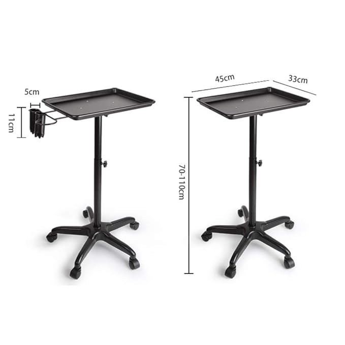 Aluminium Salon Instrument Tray, Height Adjustable Trolley Cart Tray Station on Wheels for Salon Tattoo Spa Beauty Service Holder Tool Storage (Black, With Accessory Caddy)