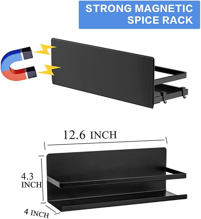 Magnetic Spice Rack for Refrigerator,Magnetic Shelf Fridge Organizer for Kitchen, Spice Rack Space Saver Container for Kitchen/Apartment, Drill Free, Black 6 Pack