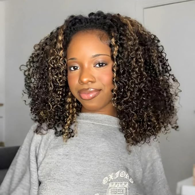 250% Density Kinky Curly Half Wig Human Hair Glueless Wigs Upgrade 3 IN 1 Highlight 1b/27 Half Wig With Drawstring Seamless Clip Ins Flip Over Kinky Curly Human Hair No Glue No Lace 16 Inch