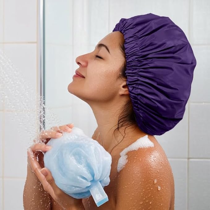 Reusable Shower Cap for Women, Large Waterproof Shower Bonnet Washable Elastic Band Bath Hair Hat for Long Hair, Braids(Dark Purple)