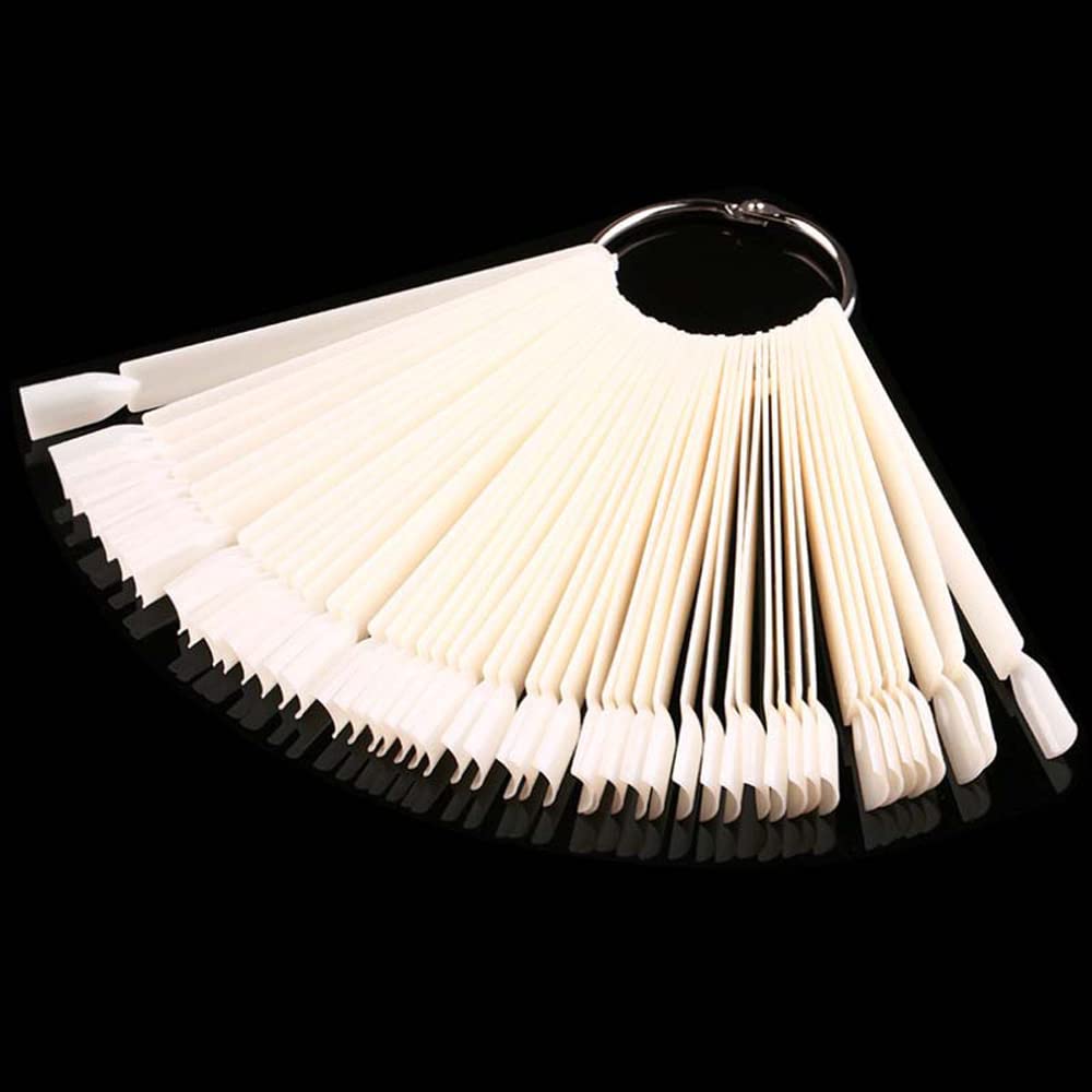 JASSINS 50 Pcs Nail Swatch Sticks with Ring, Fan-shaped Nail Art Polish Practice Display Tips Nail Sample Sticks, Nail Practice Color Display Polish Board