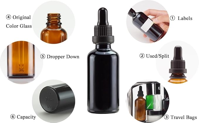 YIZHAO Black Glass Dropper Bottle 2oz, Tincture Bottles with Glass Dropper, for Essential Oils, Aromatherapy, Cosmetic, Laboratory, Pharmacy, Liquids, Travel –6 Pcs