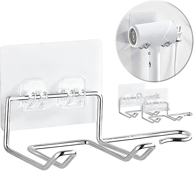 2 Pack Hair Dryer Holder, Self Adhesive Wall Mount Waterproof Blow Dryer Rack Storage Organizer Hanger, Compatible with Dyson and Most Hair Blower Appliance, Brush, Curling Iron, Straightener
