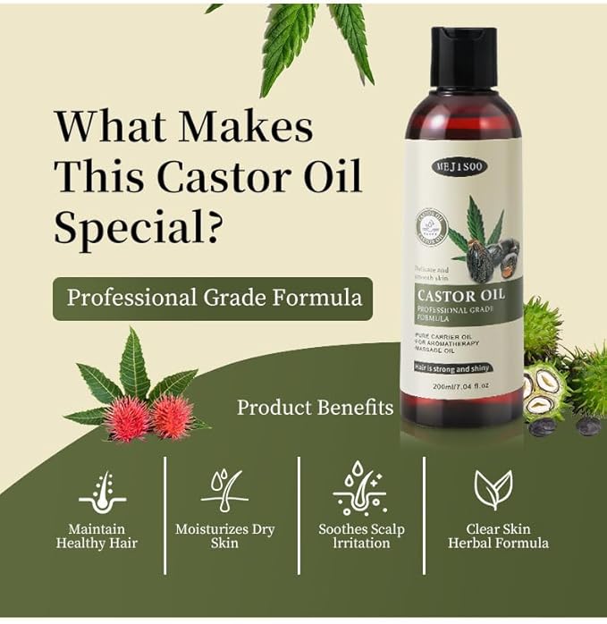 Organic Castor Oil for Hair Growth, 100% Pure Natural Premium Grade Castor Oil Cold Pressed, Hexane-Free, Eyelash & Eyebrow Enhancement, Skin Moisturizing, 7.04 Fl Oz for Lashes Hair Face Body