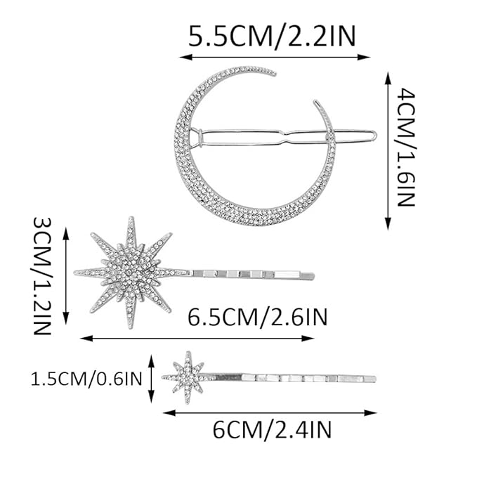 Bartosi Rhinestone Moon Hair Clips Silver Star Hairpins Crystal Decorative Bobby Pin Bride Wedding Hair Pins Side Clip Hair Accessories for Women and Girls (Pack of 3)