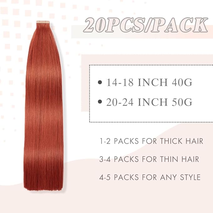 Tape in Hair Extensions Human Hair Copper Remy Hair Extensions 20pcs 14 Inch Straight Invisible Human Hair Tape in Extensions Skin Weft Tape Extensions Human Hair (350#,14 Inch)