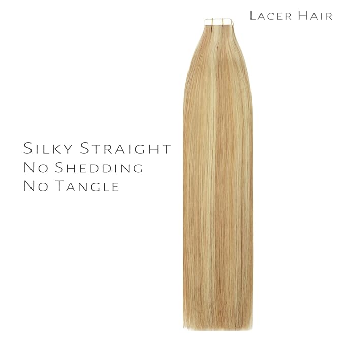 Lacerhair Hair Extensions Natural Remy Tape in Human Hair Extensions Dip Dyed Balayage Seamless PU Skin Weft 100% Real Virgin Hair Ombre Golden Blond Colour Double Side 50g 20pcs/set 60cm , P 12/60