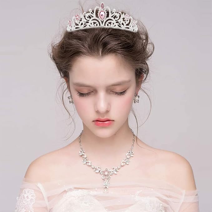 Didder Elegant Silver Tiara with Pink Crystals - Women's Birthday & Wedding Crown