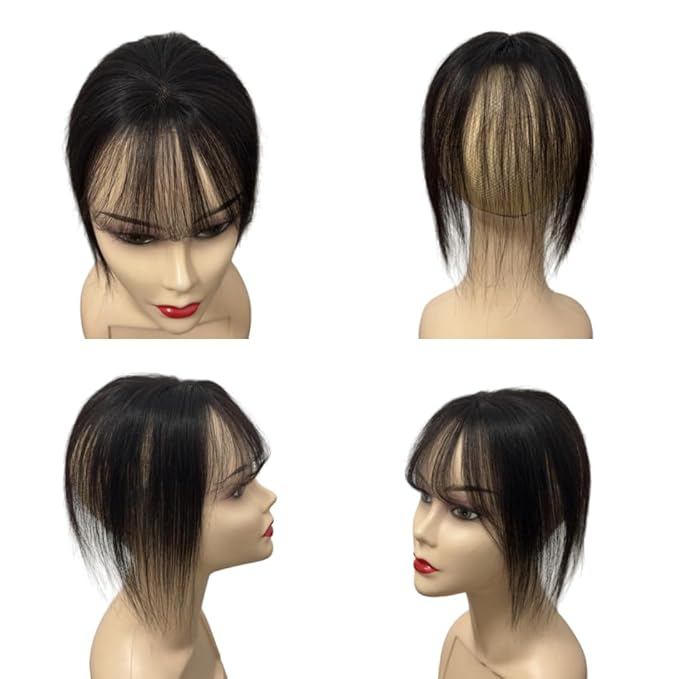 Anemone No Clips Human Hair Topper Piece Fringe Bangs for Women Wrap-Around Magic Paste with Invisible Lace for Natural Hair Loss Coverage (1B Lace French Bangs)