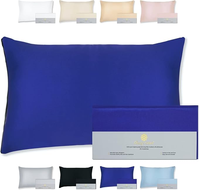 25 Momme Premium Mulberry Silk Pillowcase for Hair and Skin | Handcrafted Hypoallergenic & Anti-Acne Silk Pillow Cases with Zipper Standard - 20" x 26", Royal Navy