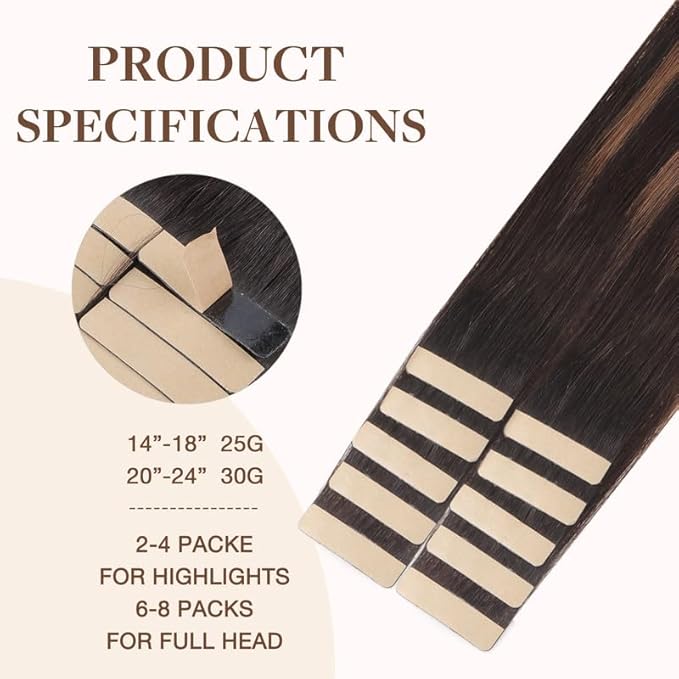 GOO GOO Tape in Hair Extensions Human Hair, 2/6/2 Balayage Dark Brown to Chestnut Brown, 14inch 25g 10pcs, Skin Weft Seamless Invisible, Silky Straight with Thick Ends, Remy Human Hair