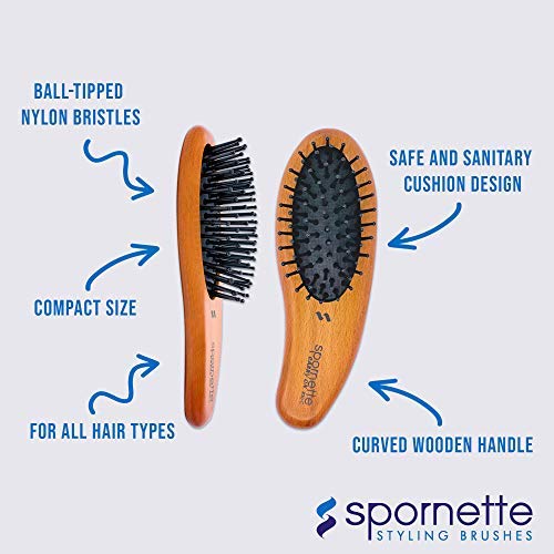 Spornette Carry On Wooden Handle Oval Cushion Mini Hair Brush #30-C Travel Size Brush Fits in Purse or Carry-On Bag for Quick Brush Outs, Detangling, Styling, Smoothing Thick, Normal & Thin Hair