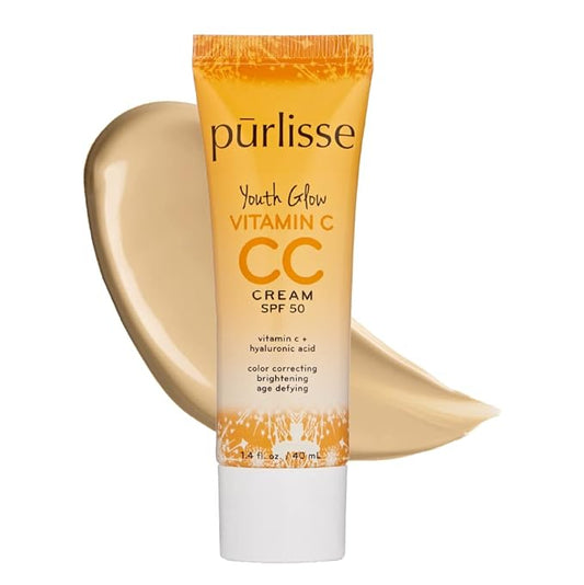 pūrlisse Youth Glow Vitamin C CC Cream SPF 50: Cruelty-Free & Clean, Paraben & Sulfate-Free, Full Coverage, Hydrates with Hyaluronic Acid | Light Medium 1.4oz