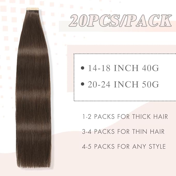 Human Hair Tape in Extensions, Darkest Brown Hair Extensions Real Human Hair 20 Inch 20pcs Remy Straight Tape ins Invisible Tape in Hair Extensions Human Hair (2#,20 Inch)
