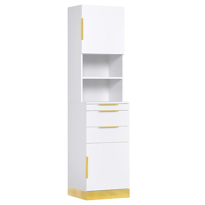 OmySalon Salon Station, Barber Station for Hair Stylist, Beauty Storage Cabinet with Stainless Steel Finish & Drawers & Dryer Holders, Modern Spa Equipment for Barbershop, White