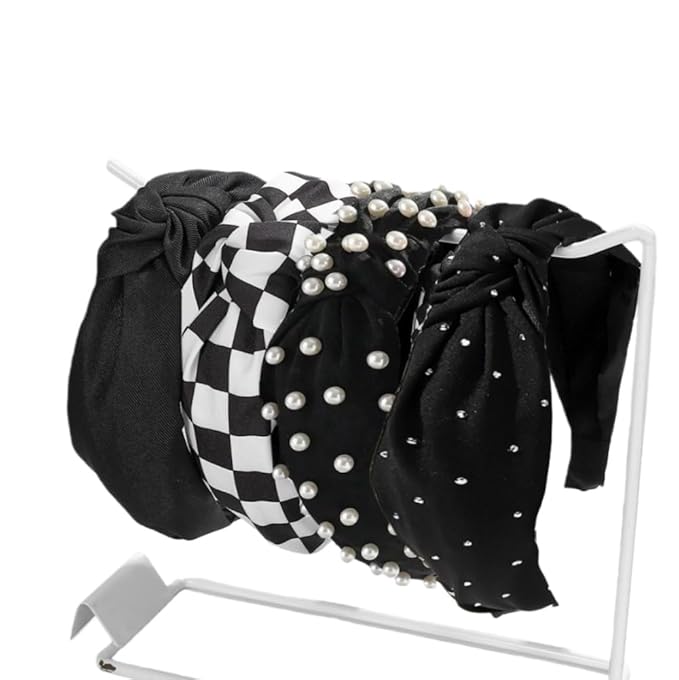 4Pack Knotted Headband for Women Checkered Flower Printed Headbands Top Knot Non Slip Beaded Headband Set Solid Color Wide Knotted Head Bands for Women's Hair (Black White)