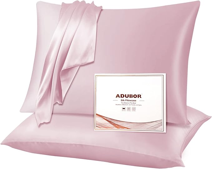 Adubor Silk Pillowcase 2 Pack for Hair and Skin with Hidden Zipper, Both Sides 23 Momme Silk Pillow Case (Pink, Standard: 20''x26'')