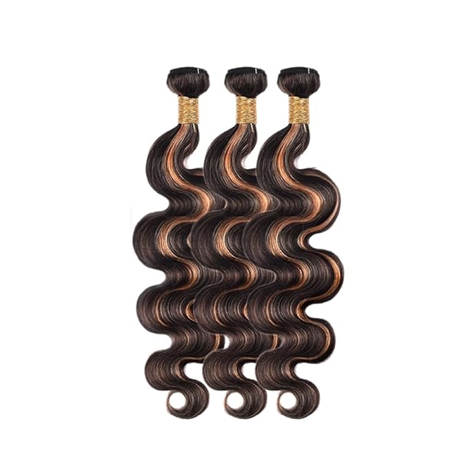 Highlight Bundles Human Hair Light Brown Body Wave Bundle Niegmeag Brazilian Virgin Remy Hair 3 Bundles 12 14 16 Inch Double Weft 2 Tone Black and Light Brown Bundle P1B30 Color