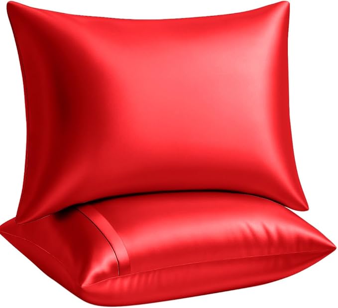 BLISSFORD Satin Pillowcase with Zipper, for Hair and Skin Care, Feels Soft and Cool Like a Silk Pillowcase, Red Satin Pillow Cases Set of 2, Slik Pillow Cover, Queen Size - 2 Pack
