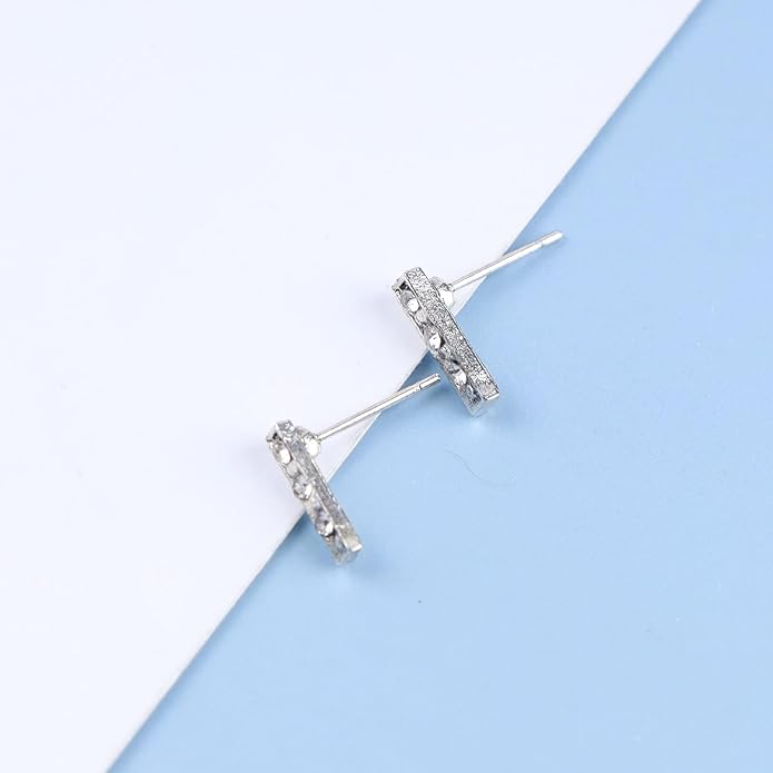 Geometric Crystal Bar Earrings Silver Cz Bar Stick Earrings Cz Rhinestone Bar Stud Earrings Silver Minimalist Earrings Jewelry for Women and Girls