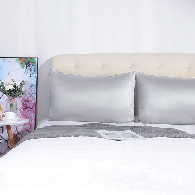 uxcell 2 Pack Silk Satin Pillowcase for Hair and Skin, Cool, Silky, Soft Breathable Pillow Cases Queen Size 20x30 Inch Sateen Pillowcase Light Gray with Envelope Closure