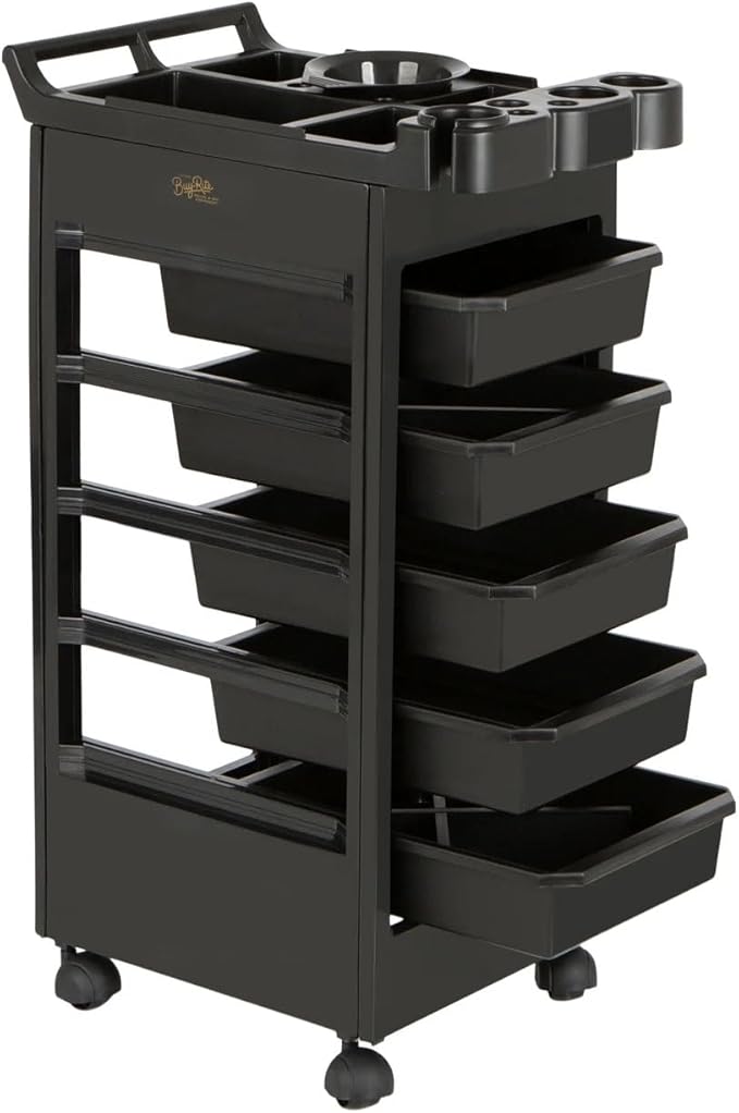 Buy-Rite Professional Salon Trolley Cart – MEI-3010 Rolling Utility Cart with 5 Removable Storage Drawers, Color Mixing Bowl & Tool Holster, Black, 33.5” Tall