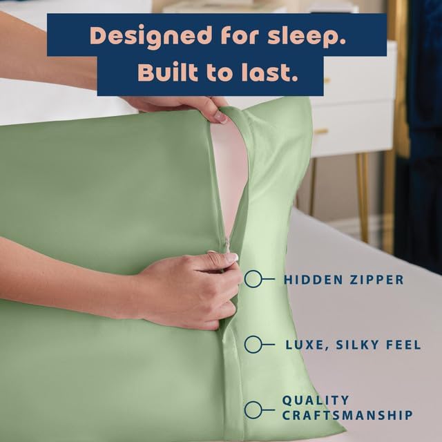 BLISSFORD Satin Pillowcase with Zipper, for Hair and Skin Care, Feels Soft and Cool Like a Silk Pillowcase, Satin Pillow Cases 2 Pack, Slik Pillow Cover, Sage Green - Standard Size - Set of 2
