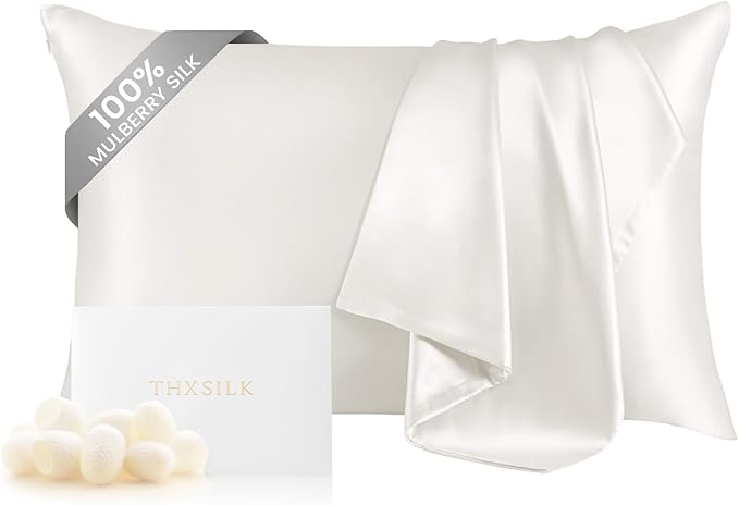 THXSILK 100% Pure Mulberry Silk Pillowcase for Hair and Skin, Grade 6A+ Mulberry Silk, Durable, Soft and Breathable Silk Pillow Case (King 20"x36", White)