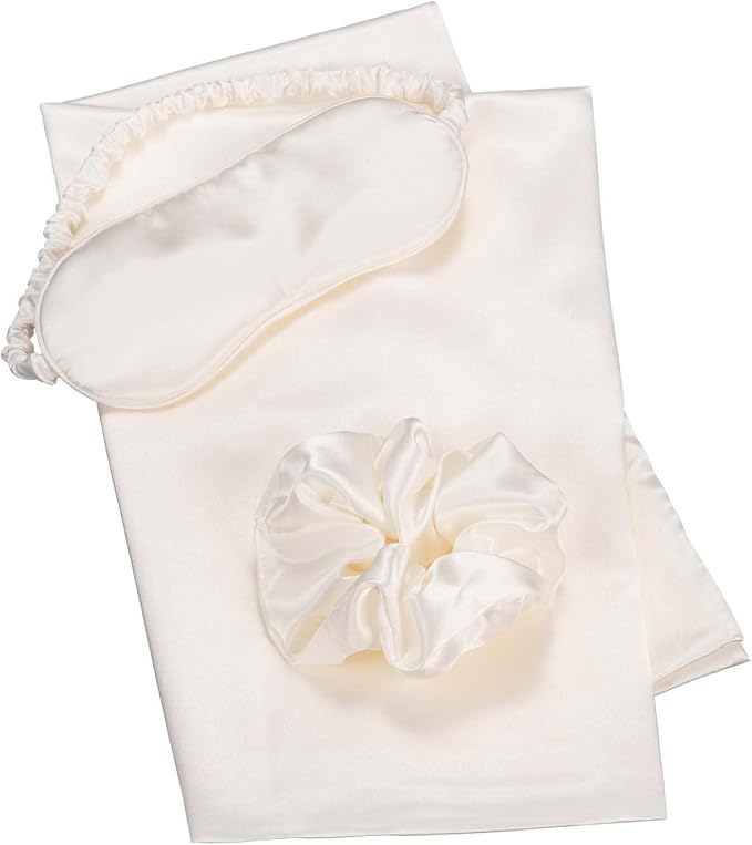 Vegan Silk Sleep Set, Vegan Silk Pillowcase with Large Scrunchie and Eye Mask for Hair and Skin, Self Care Essential Satin Night Routine Kit (Cream Color)