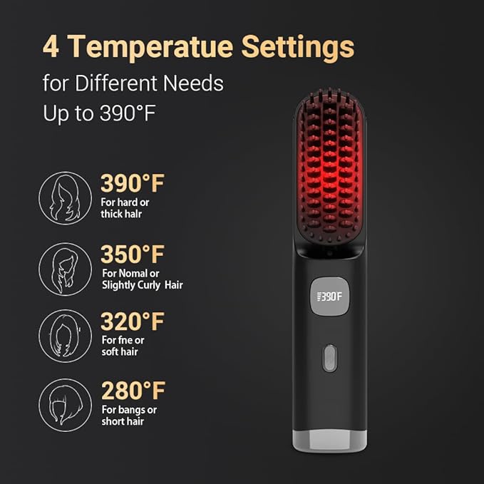 Cordless Hair Straightener Brush Portable on The go Comb for Travel 30s Fast Heating USB Rechargeable Dual Power Supply LCD Display with Pouch (Black)