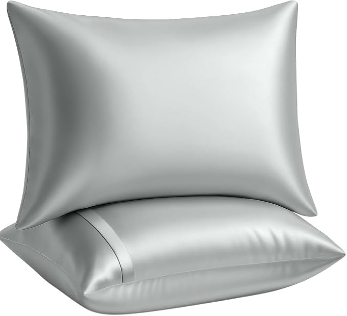 BLISSFORD Satin Pillowcase with Zipper, for Hair and Skin Care, Feels Soft and Cool Like a Silk Pillowcase, Satin Pillow Cases 2 Pack, Slik Pillow Cover, Silver Grey - King Size, Set of 2