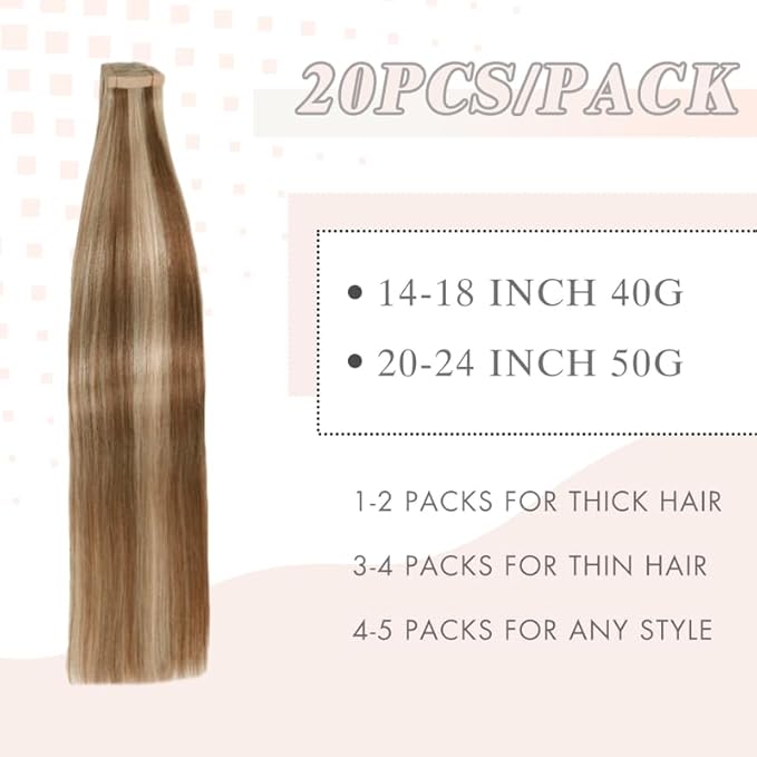 Tape in Hair Extensions Human Hair, 14 Inch 20pcs Human Hair Extensions Tape in for Women Chestnut Brown Highlighted Bleach Blonde Skin Seamless Invisible Tape Hair Extensions(P6/613#, 14 Inch)