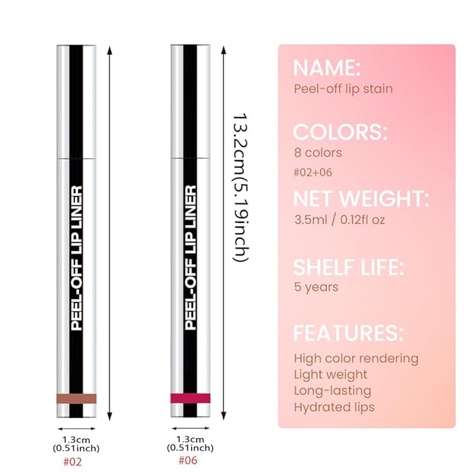 2 Pcs Matte Liquid Lip Stain Peel Off Lip Liner, Long Lasting Lip Tattoo, Waterproof & Transfer-Proof Lip Liner Peel Off Lip Gloss for All Skin Types. 0.12 fl oz #02+#06