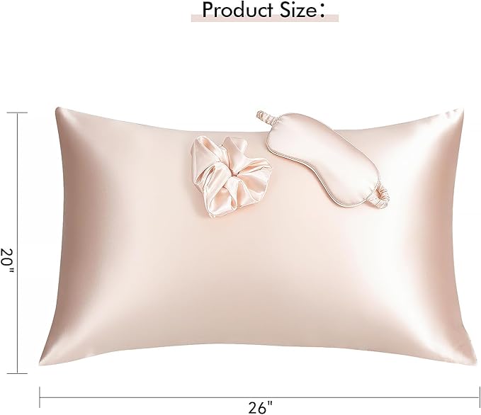 Vegan Silk Sleep Set, Vegan Silk Pillowcase with Large Scrunchie and Eye Mask for Hair and Skin, Self Care Essential Satin Night Routine Kit (Light Pink Color)
