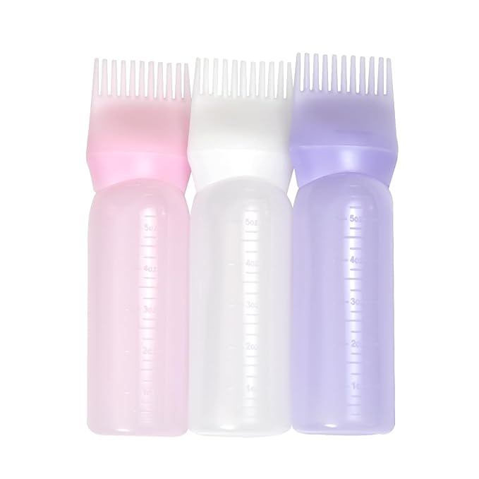 YANTAISIYU Root Comb Applicator Bottle 6 Ounce Hair Oiling Applicator 3 Pieces Hair Dye Bottle Hair Root Comb with Graduated Scale (Pink White Purple)