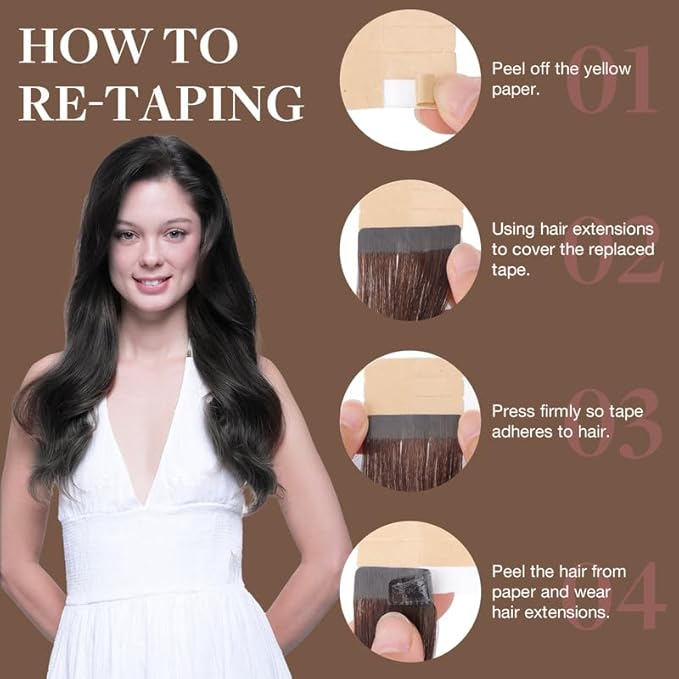 GOO GOO Tape in Hair Extensions Human Hair, 1B Natural black, 16inch 25g 10pcs, Skin Weft Seamless Invisible, Silky Straight with Thick Ends, Remy Human Hair