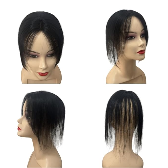 Anemone 100% Real Human Hair Topper No Need Clips Magic Paste Hair Seams 7x10cm Skin Base Fringe Bangs Easy to Wear (1B Middle Bangs)