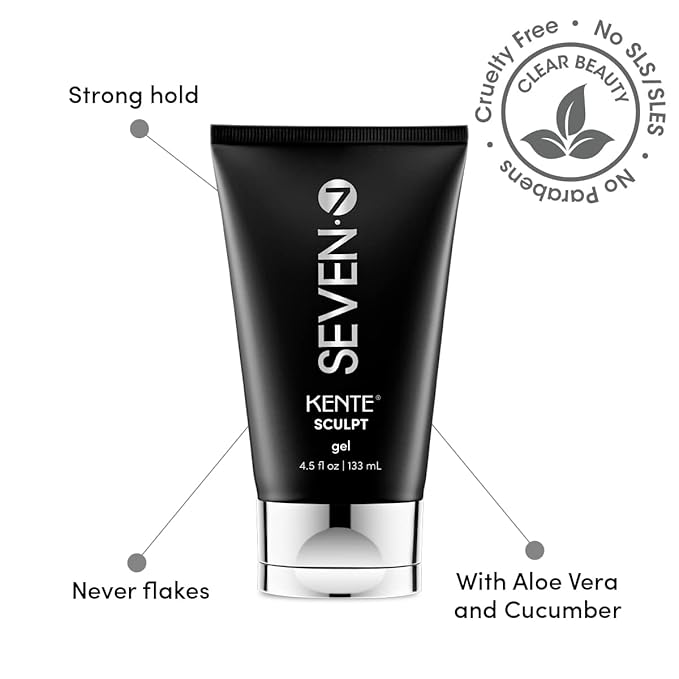 SEVEN Haircare KENTE SCULPT Hair Gel for Women & Men, Strong Hold Styling Gel with Aloe Vera & Cucumber, Alcohol-Free, Flake Free for Curly, Frizzy Hair, Made in USA, 4oz