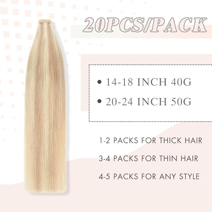 Human Hair Tape in Extensions Ash Blonde Highlighted Bleach Blonde 16 Inch 20pcs Tape in Hair Extensions Straight Double Sided Remy Invisible Tape in Hair Extensions Human Hair (P18K/60#,16 Inch)