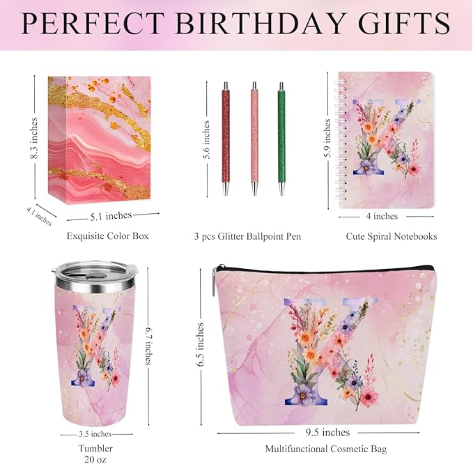 Personalized Gifts Monogrammed Birthday Gifts for Women, Soul Sister Bachelorette Party Wedding Christmas Initial 20 oz Tumbler, Makeup Bag Cup Pens Journal Notebook 6 Set, (Aesthetic Pink Flower K)