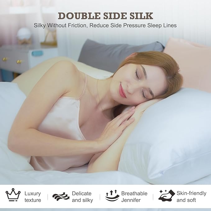 100% Mulberry Silk Pillowcase 2 Pack,King Size Silk Pillow Cases for Hair and Skin,Silky Smooth Bed Pillow Cover with Hidden Zipper,Natural Silk Pillow Case Set of 2 (White, King 20X36)