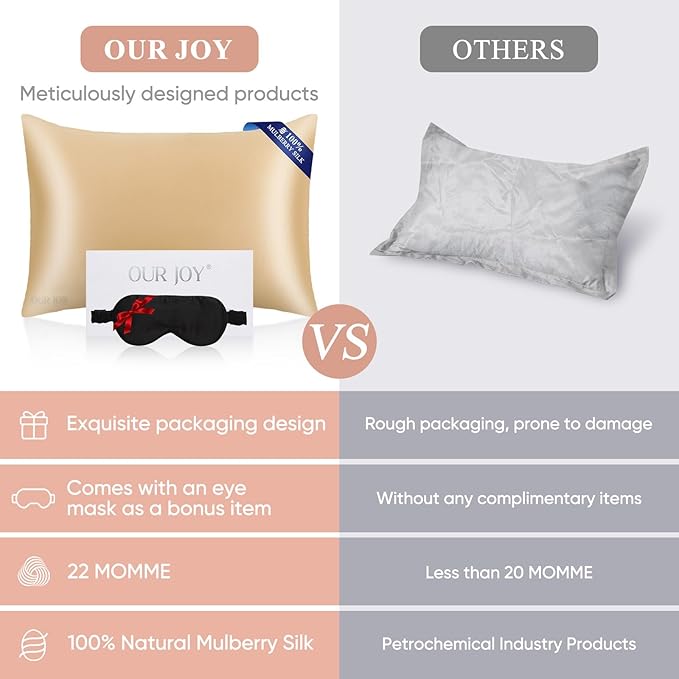 100% Mulberry Silk Pillowcase 22 Momme (SGS Certified) with Free Silk Eye Mask - Luxury Gift-Ready Folded Packaging, Cooling Pillow Cover for Hair & Skin Care (Gold, Standard (1 Pack))