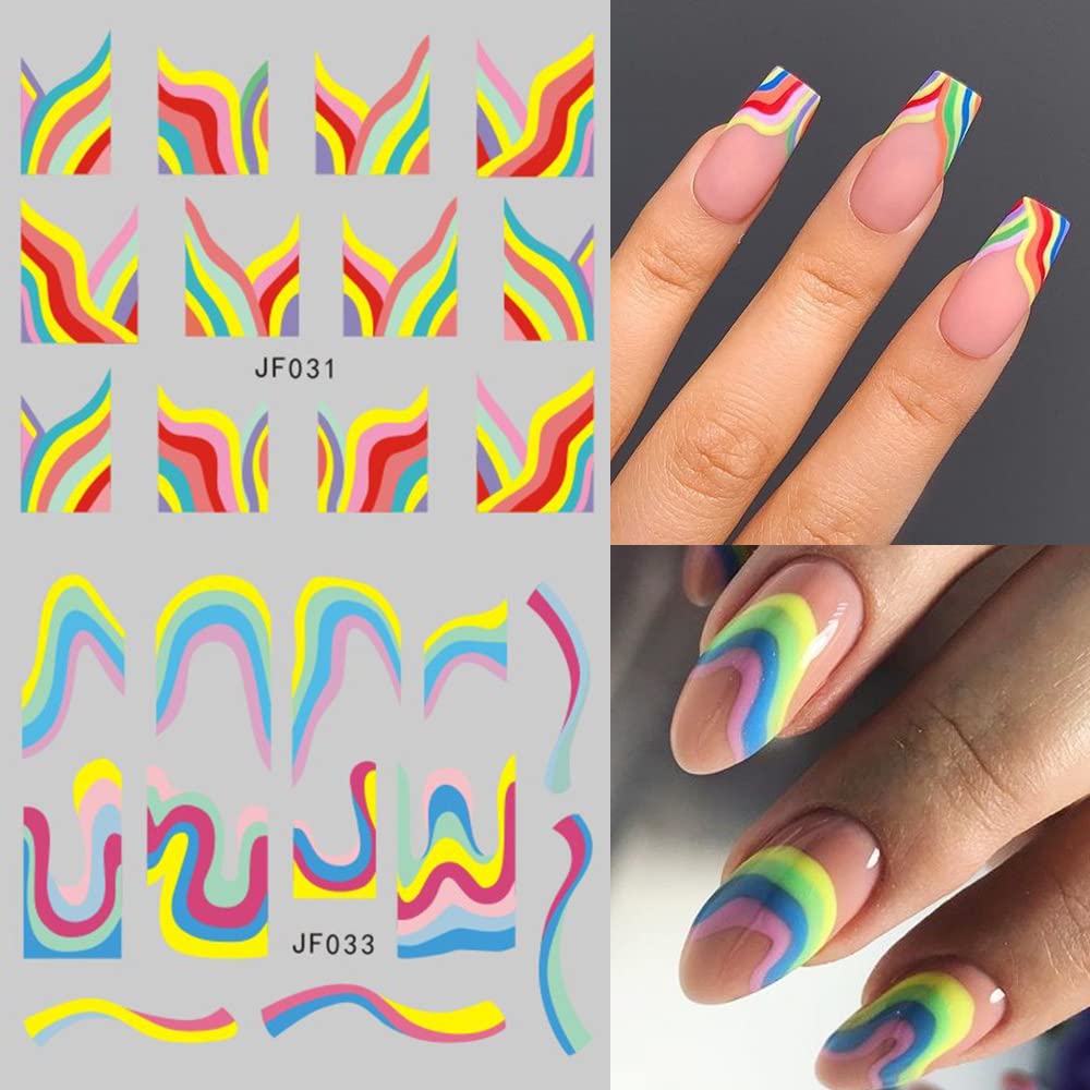 12 Sheets Colorful Stripes Nail Art Stickers Geometric Rainbow Wave Design Water Transfer Nail Decals for Nails Art Abstract French Pattern Acrylic Slider Nail Foils for Women Manicure Nail Decor