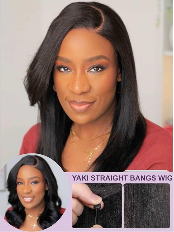 Yiroo Light Yaki Straight Wig Human Hair with Side Swept Bangs,7x5 Lace Front Bye Bye Knots Glueless Wig Human Hair Pre Plucked Pre Cut,Elastic Drawstring Wear and Go Wig for Women 150% Density 20Inch